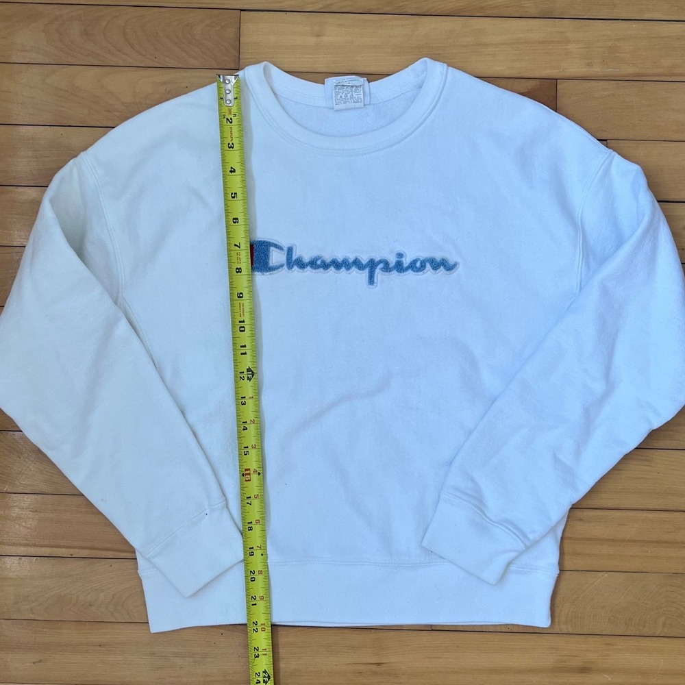 Champion Reverse Weave White Chenille Logo Sweatshirt Men Medium Pullover Fleece - Picture 4 of 5